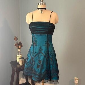 Morgan & Co. Teal and Black Lace Spaghetti Strap Mini Dress